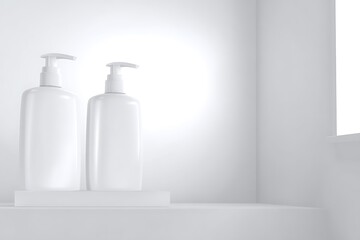 Minimalist white dispenser bottles on display