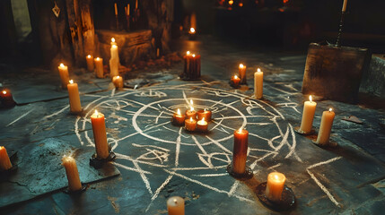 Candles in circle on dark stone floor