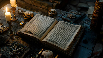 Antique open book with candles and skulls