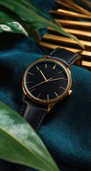 Stylish watch, teal velvet, tropical leaves, gold accents.  Possible use  Fashion catalog