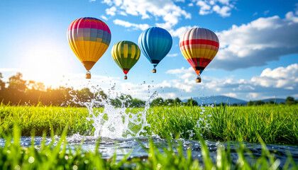 Fototapeta premium Hot air balloons flying above splash on green field with blue sky, AI-generated