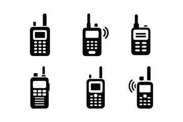 Collection of six black silhouette icons representing different walkie talkie models and communication signals