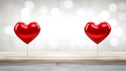 Two Red Shiny Hearts on Wooden Table Valentine's Day
