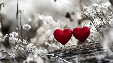Romantic Red Hearts on Snowy Winter Wooden Background