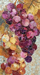 Mosaic grapes, close-up, vineyard backdrop, art