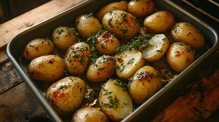 Roasted Potatoes with Herbs in Baking Tray Delicious Food Photography