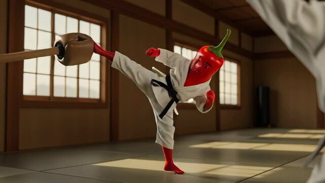 Red chili pepper dressed in karate gi practicing martial arts in dojo interior