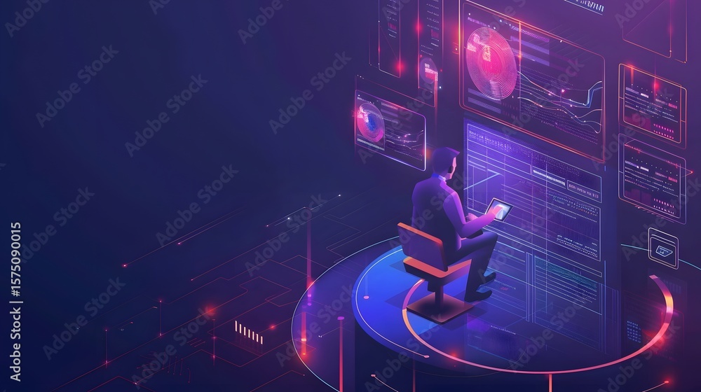 Aufkleber a person seated at a futuristic control panel, analyzing data and interacting with digital interface