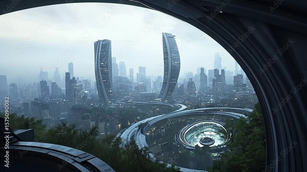 Poster futuristic cityscape with tall skyscrapers and modern architecture under a cloudy sky. a person obse