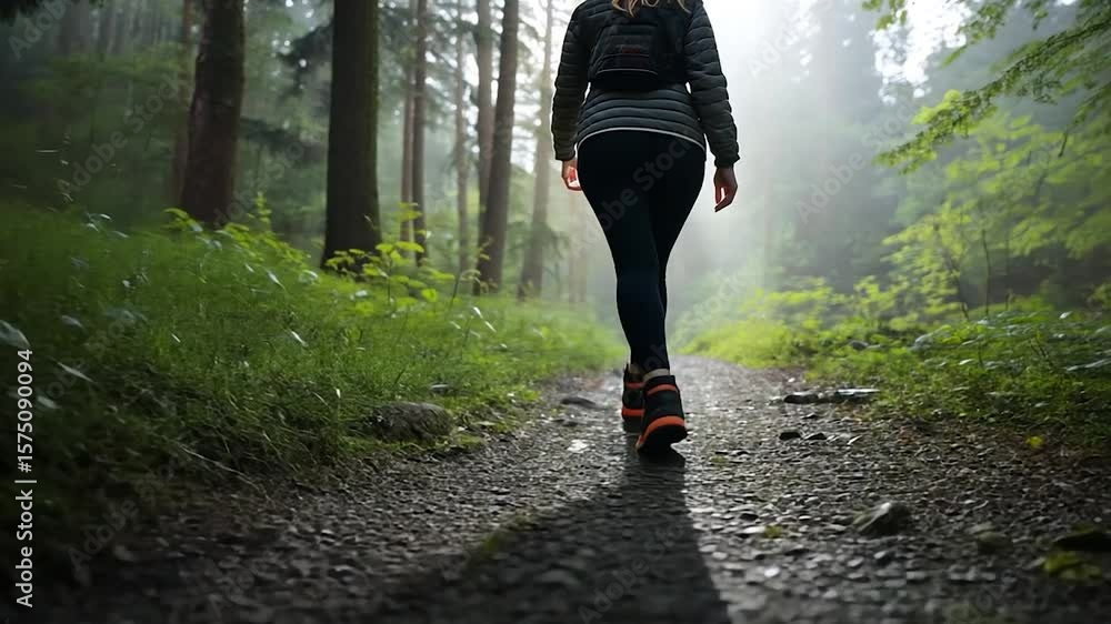 Poster rear view of a person hiking along a path in a dense forest. the path is wet from rain and the sunli