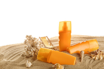 Decorative deckchair, coral and bottles of sunscreen cream on sand against white background