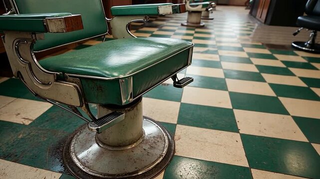 Vintage barber chair in a retro-style barbershop with green and white checkered flooring and other barber chairs in the background. Close-up perspective