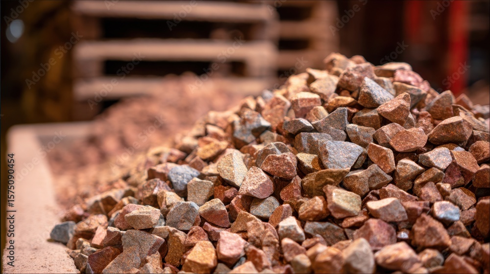 Poster crushed mineral rocks piled in sorting area awaiting further refinement
