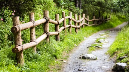 Scenic Wooden Fence Along a Country Path in Lush Greenery