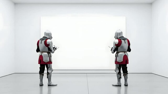 Knights evaluate blank canvas in white room, medieval armor, art critics, artistic expression, design concept, creative thinking,  innovation, judgment, critique, art industry, conceptual art.