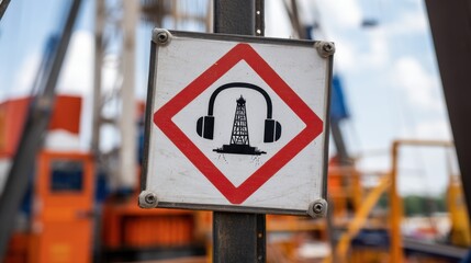 Ear protection signage near drilling rig operating in open-pit environment