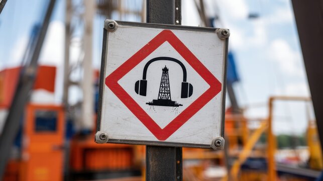 Ear protection signage near drilling rig operating in open-pit environment