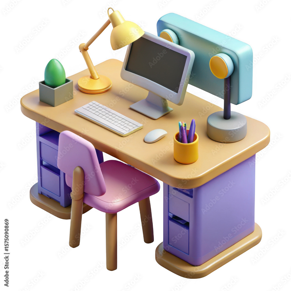 Poster 3d cartoon desk setup with computer and chair isolated on transparent background