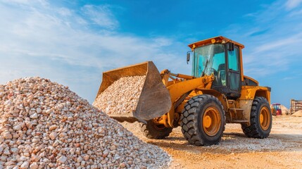 Front-end loader moving piles of gravel under bright sunlight