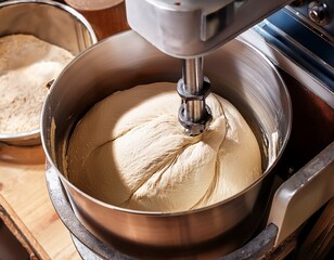 bread dough being prepared in a bakery kneader with an industrial mixer handling one of the key dough making stages