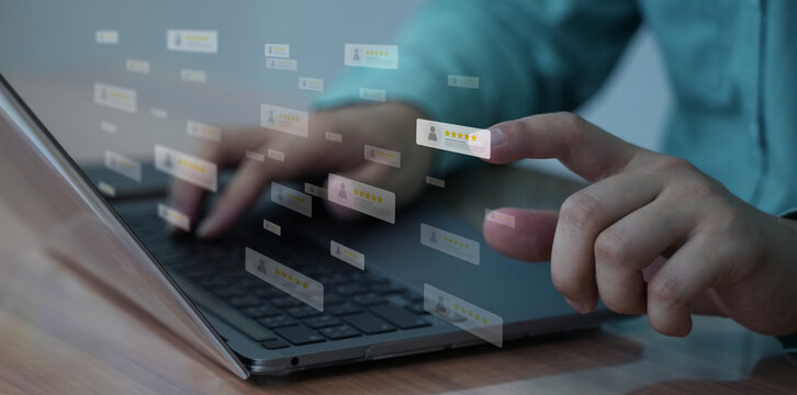 Business professional in suit using a virtual interface to manage floating customer comment boxes, representing digital feedback, reputation management.