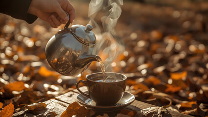A hand pouring steaming tea from a silver teapot into a cup outdoors.