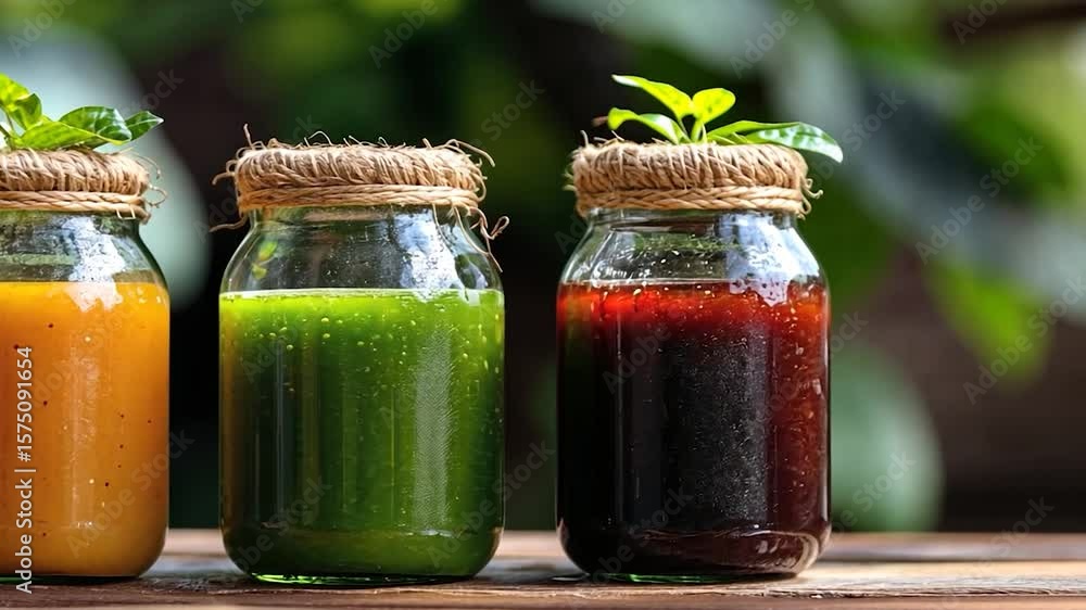 Poster vibrant array of colorful smoothies in glass jars adorned with organic elements on wooden surface an
