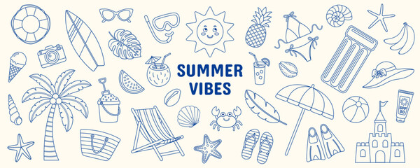 Simple vector set of outlined summer doodles on isolated background. Beach, sea, ocean, vacation and tropical icons for coloring page, print, kids, card, scrapbooking and design projects. Hand drawn. © Julia Preskurel