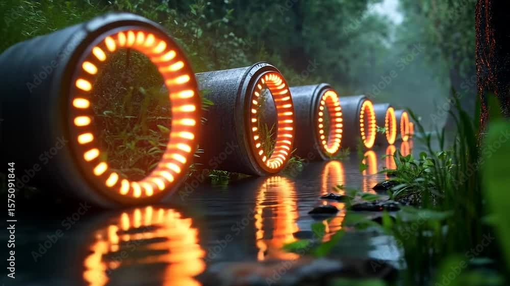 Aufkleber illuminated circular structures along a flowing stream reflecting their warm glow within a lush fore