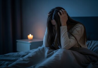 woman sits up in bed in a dark room, clutching her head in distress while a candle glows faintly, conveying intense emotional pain, anxiety, or a severe headache preventing sleep