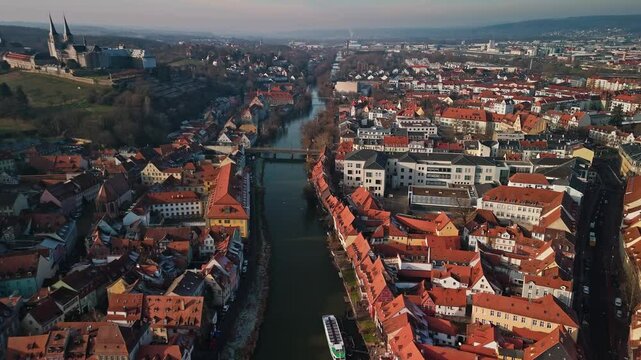 Aerial view of medieval town with bridge, Germany.