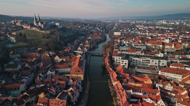 Aerial view of medieval town and river, Germany.