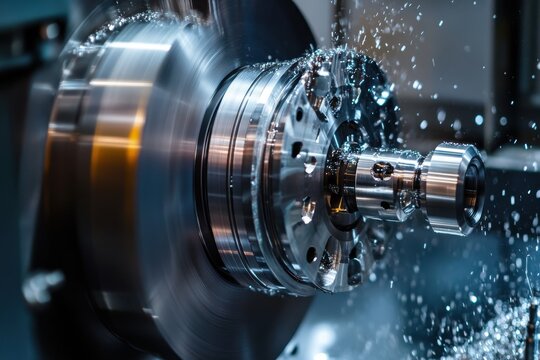 Close up of a metal lathe in operation with metal shavings flying off the rotating workpiece