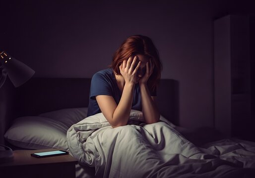 woman with red hair sits alone on her bed in a darkly lit room, her face buried in her hands, conveying profound emotional distress, sadness, and overwhelming anxiety