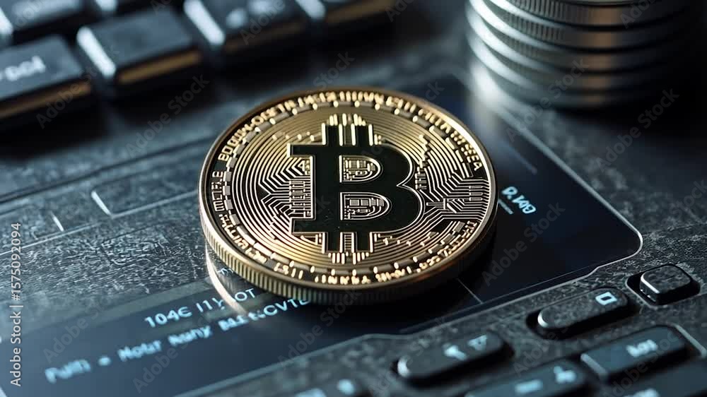 Poster close-up view of a gold coin placed on a laptop keyboard near stacked coins and the keyboard keys di