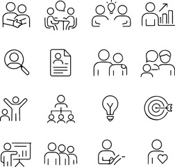Fototapeta premium A collection of simple black line icons representing business concepts like teamwork collaboration communication growth and success on a white background