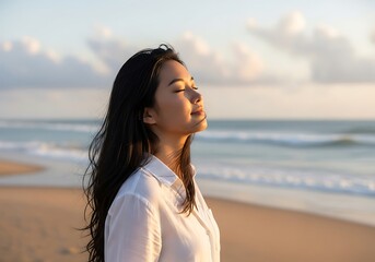 young Asian woman stands on a sandy beach at sunset, eyes closed and face bathed in the soft golden light, exuding peace and pure joy while deeply connecting with the tranquil natural 