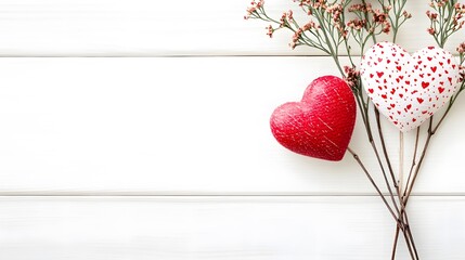 Romantic Red and White Hearts with Flowers on White Wooden Background