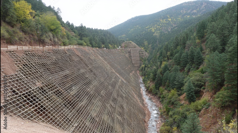 Poster mining slope with visible geogrid reinforcement for erosion control engineering
