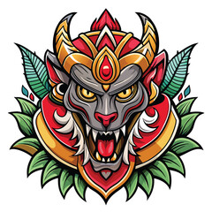 Obraz premium Fierce mythical creature head, adorned with ornate details and surrounded by tropical leaves