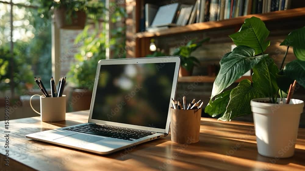Poster generic computer on a wooden desk near plants with sunlight streaming in creating a bright and airy 