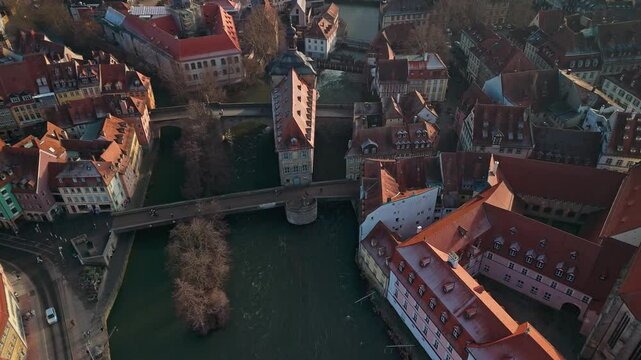 Aerial view of medieval town and river, Germany.