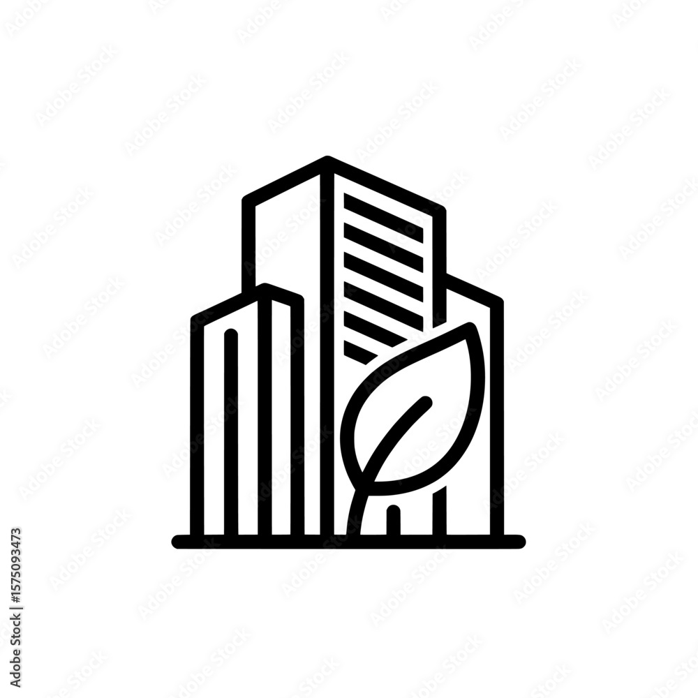 Poster modern building with leaf representing eco-friendly architecture