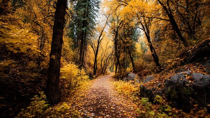 Golden autumn leaves covering a peaceful forest path, perfect for scenic nature walks