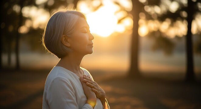 serene elderly Asian woman with closed eyes and a peaceful expression places her hands over her heart, meditating or practicing mindfulness outdoors at sunset