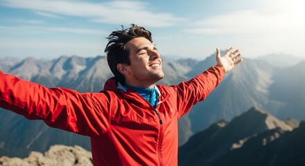 joyful man with arms triumphantly outstretched, eyes closed in bliss, stands atop a majestic mountain range bathed in bright sunlight, epitomizing freedom, success
