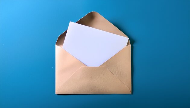 an open envelope showcases a blank card inside resting on a blue background perfect for notes or heartfelt messages