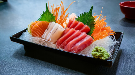 Pristine Close-up: Beautifully Arranged Sashimi Platter with Glistening Fresh Fish


