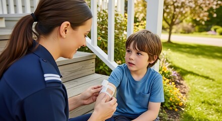 smiling and compassionate woman, kneeling on outdoor steps, carefully applies a bandage to the scraped arm of a young boy, offering comfort and practical first aid in a sunny, residential backyard