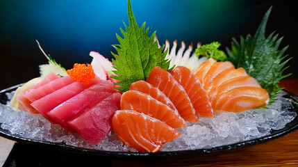 Pristine Close-up: Beautifully Arranged Sashimi Platter with Glistening Fresh Fish

